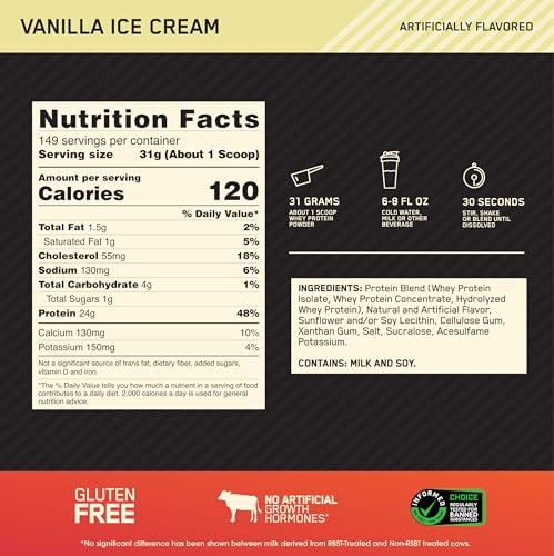 Optimum Nutrition Gold Standard 100% Whey Protein Powder, Vanilla Ice Cream, 10 Pound Optimum Nutrition Au supplements