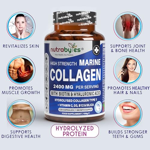 High Strength Marine Collagen 2400mg with Hyaluronic Acid 100mg, Biotin, Vitamin C, D3, B12 and Silica NUTRABYTES Au supplements