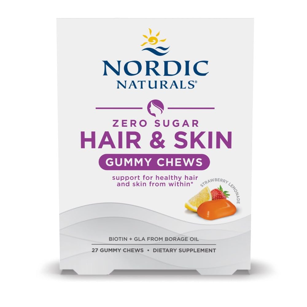 Nordic Naturals Zero Sugar Hair & Skin Gummy Chews, Strawberry Lemonade - 27 Gummy Chews - Biotin + GLA from Borage Oil - Promotes Healthy Balance of Fats in Skin - Non-GMO - 27 Servings Nordic Naturals Au supplements