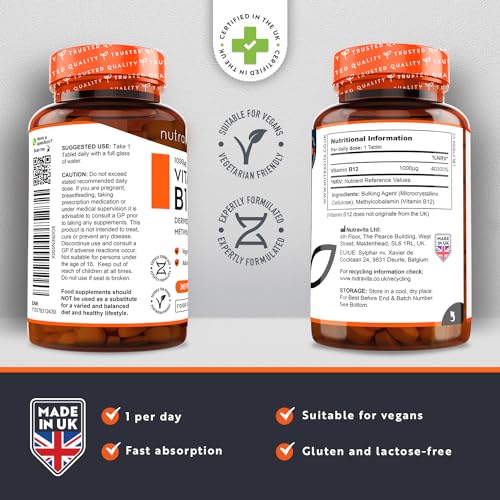 Vitamin B12 1000mcg - 365 High Strength Vegan Tablets (1 Year Supply) - Max Strength Nutravita Au supplements