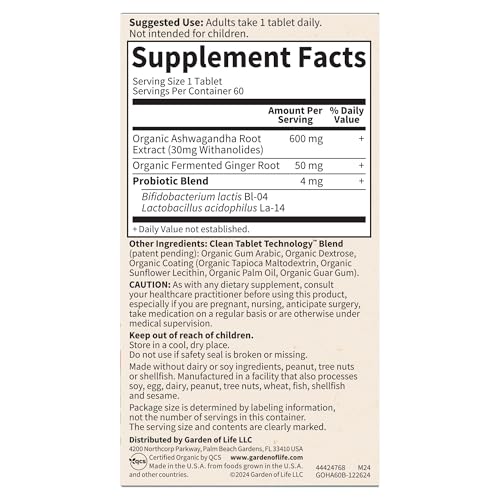 Garden of Life Organic Ashwagandha Supplement with Probiotics & Ginger - Stress, Mood & Energy Support, Vegan, Gluten Free, Non GMO, 2 Month Supply, 60 Tablets Garden of Life Au supplements