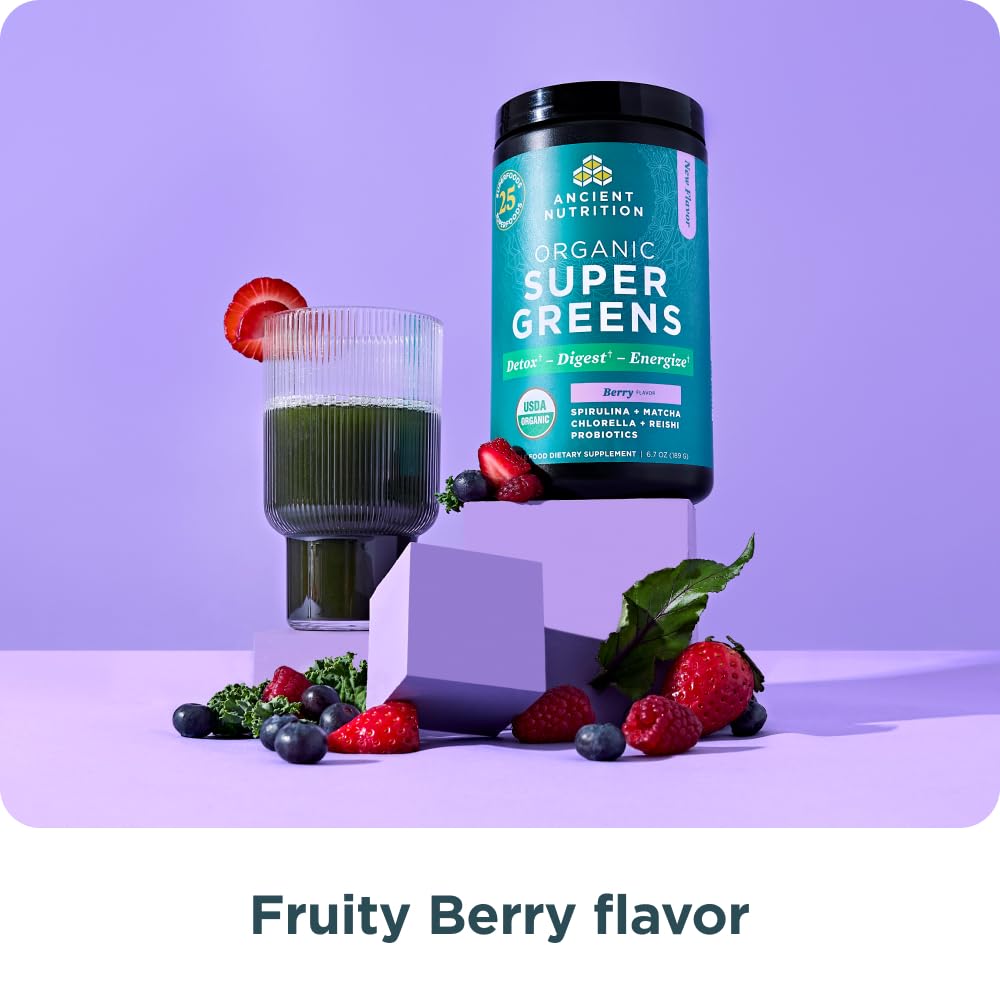 Ancient Nutrition SuperGreens Powder with Probiotics, Organic Berry Flavor Greens, Made from Real Fruits, Vegetables and Herbs, Digestive and Energy Support, 25 Servings, 6.7oz Ancient Nutrition Au supplements