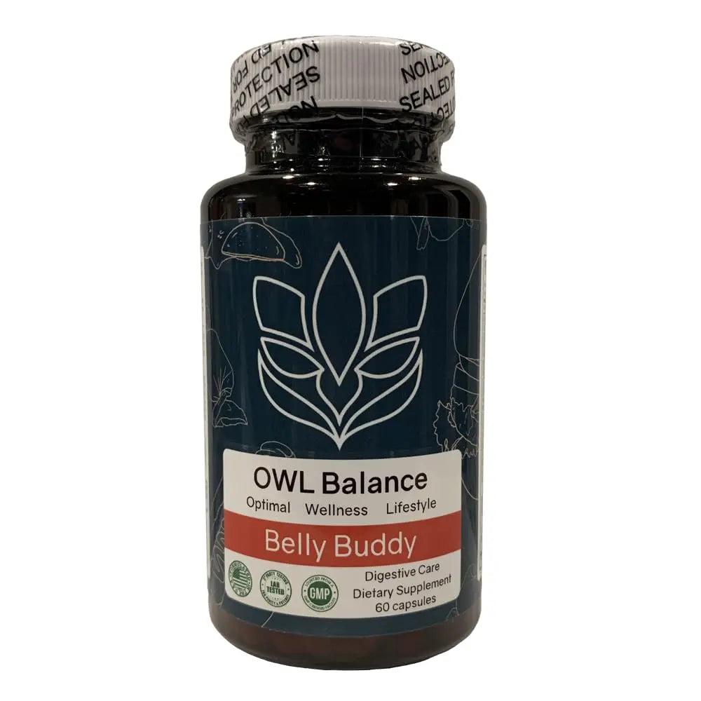 Belly Buddy Advanced Gut Health Support containing a helthy Blend of Probiotics, Prebiotics, and Digestive Enzymes OWL Balance Au supplements
