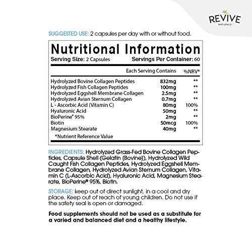 Multi Collagen Protein Capsules - Types I, II, III, V & X - Hydrolysed Grass Fed Bovine, Wild Caught Marine Revive Naturals Au supplements