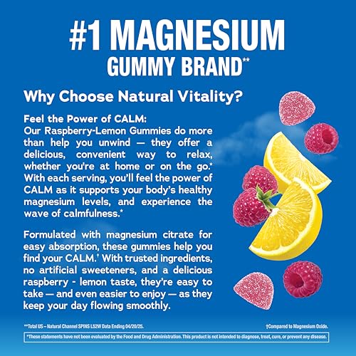 Natural Vitality Calm Magnesium Gummies | 330mg Per Serving | Raspberry Lemon Flavored Supplement | Gluten-Free & Vegan | 240 Count Natural Vitality Au supplements