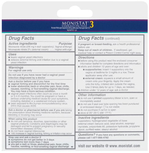 Monistat 3 Vaginal Antifungal Combination Pack, 3 Suppositories with Disposable Applicators Monistat Au supplements