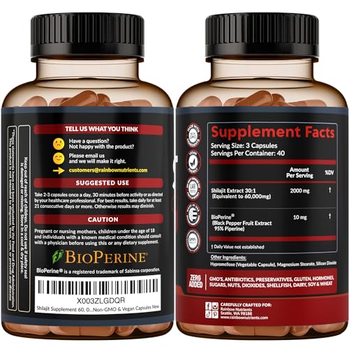 Pure Himalayan Shilajit Capsules Supplement (60,000mg+ Absorption Enhancer+50% Rainbow Nutrients, LLC Au supplements