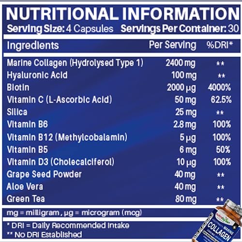 High Strength Marine Collagen 2400mg with Hyaluronic Acid 100mg, Biotin, Vitamin C, D3, B12 and Silica NUTRABYTES Au supplements