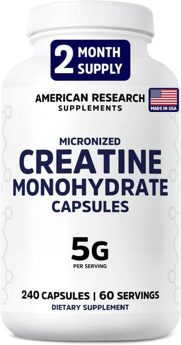 Creatine Monohydrate Capsules 5G | 60 Servings | Vegan | 4 Caps per Serving | Micronized Creatine Pills 5000mg | 240 Capsules | Creatine Pills For Men & Women | 2 Months Supply | Made Without Fillers American Research Supplements Au supplements