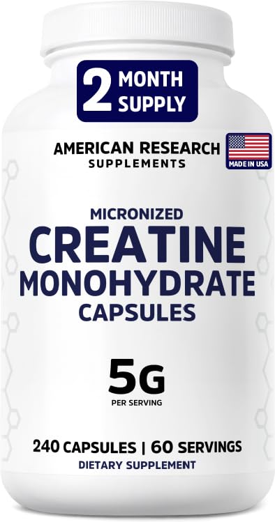 Creatine Monohydrate Capsules 5G | 60 Servings | Vegan | 4 Caps per Serving | Micronized Creatine Pills 5000mg | 240 Capsules | Creatine Pills For Men & Women | 2 Months Supply | Made Without Fillers American Research Supplements Au supplements