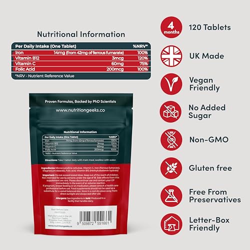 Iron Tablets High Strength Tablets with Vitamin C, B12 & Folic Acid - 120 Vegan Supplement Nutrition Geeks Au supplements