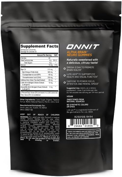 ONNIT Alpha Brain Neuro Focus Gummies, IGEN Non-GMO Tested Vegan Gummies with Omega-3s Lutein Zeaxanthin and Caffeine, Brain Eye and Focus Supplement for Men and Women, Citrus Punch, 90 Count ONNIT Au supplements