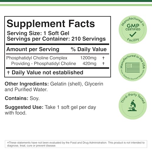 Phosphatidylcholine 1,200mg – 210 Softgels – Enhanced Version of Sunflower and Soy Lecithin (Choline Supplements) - Non-GMO and Gluten Free to Support Brain Health by Double Wood Double Wood Supplements Au supplements