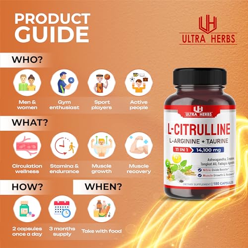 L-Citrulline 14,100 mg 11 in 1 with L-Arginine + Taurine, Ashwagandha, Creatine, Tongkat Ali ULTRA HERBSUS supplements