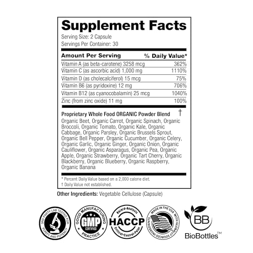 FeelGood Superfoods 1000mg Immune Support Capsules Made with 25 Organic Fruits and Vegetables, Strong Immunity Boosters with Vitamins A, C, D3, and Zinc, 60 Count FeelGood Superfoods Au supplements