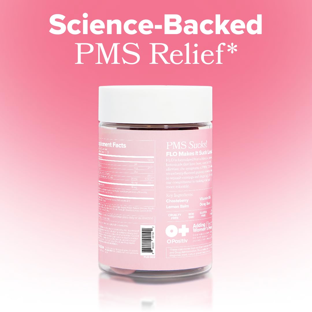 O Positiv FLO PMS Gummies for Women - Proactive PMS Relief - Targets Hormonal Breakouts, Bloating, Cramps, & Mood Swings with Chasteberry, Vitamin B6, & Lemon Balm - PMS Gummies (Pack of 1) O Positiv Au supplements