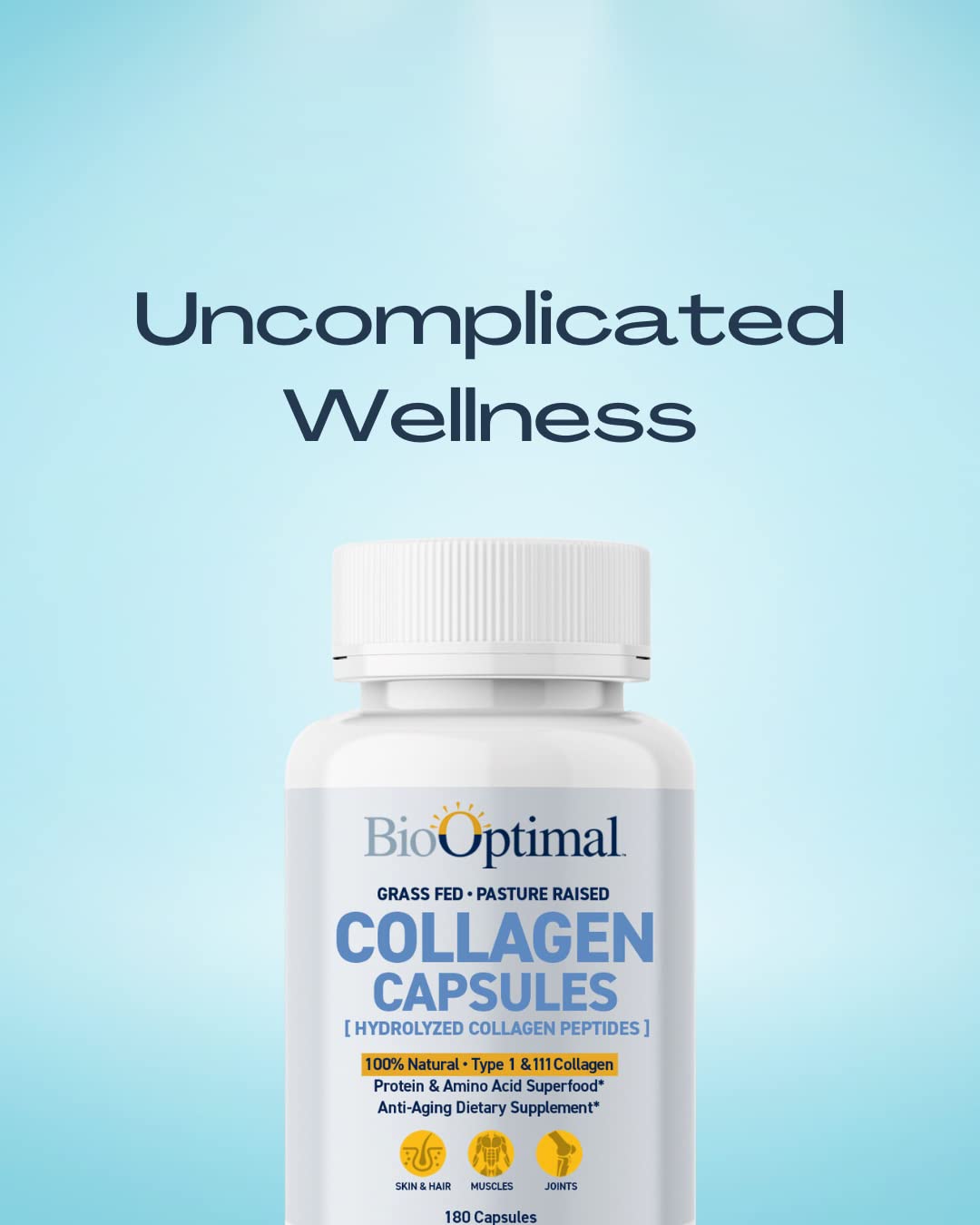BioOptimal Collagen Peptides Capsules - Grass-Fed, Pasture-Raised Hydrolyzed Protein Supplement for Skin, Hair, & Nails - Non-GMO, Zero Sugar Daily Pills for Men & Women (180 Capsules) BioOptimal Au supplements