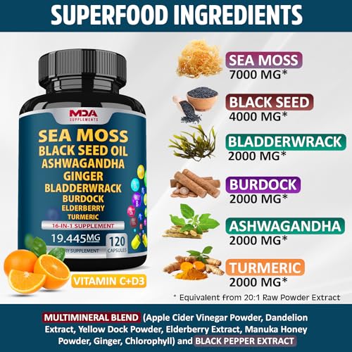Sea Moss Black Seed Oil Ashwagandha Ginger - Multimineral Sea Moss Capsules MDA Supplements Au supplements