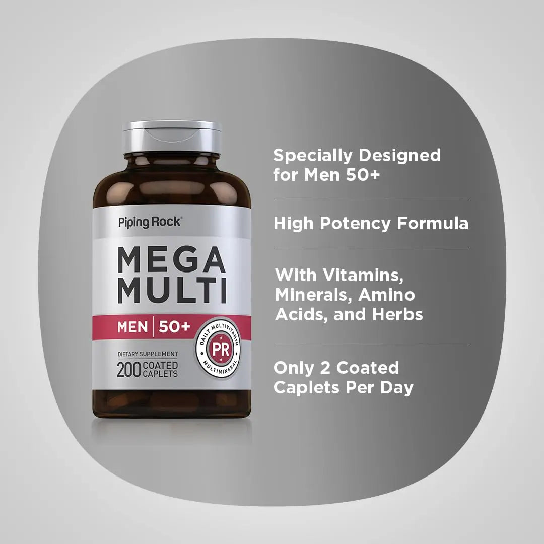 Piping Rock Multivitamin for Men Over 50+ | 200 Caplets | Mega 50 Plus Daily Multimineral | with Magnesium, Calcium, Zinc | Piping Rock Au supplements