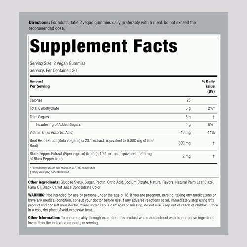Beet Root Gummies | 60 Count | with Nitrates and Black Pepper Extract | Nitric Oxide Piping Rock Au supplements