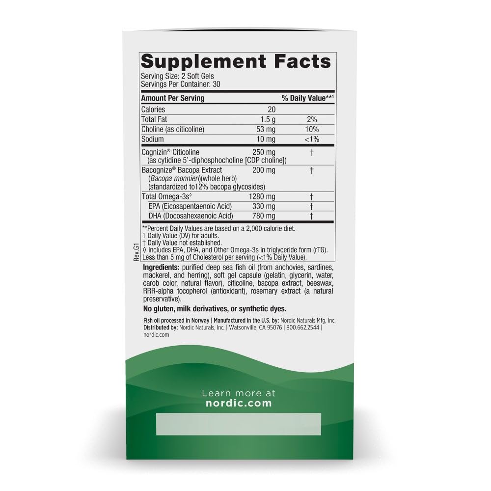 Nordic Naturals Omega Focus, Lemon - 60 Soft Gels - 1280 mg Omega-3 + Citicoline & Bacopa Monnieri Extract - Focus, Attention, Memory, Brain Health - Non-GMO - 30 Servings Nordic Naturals Au supplements