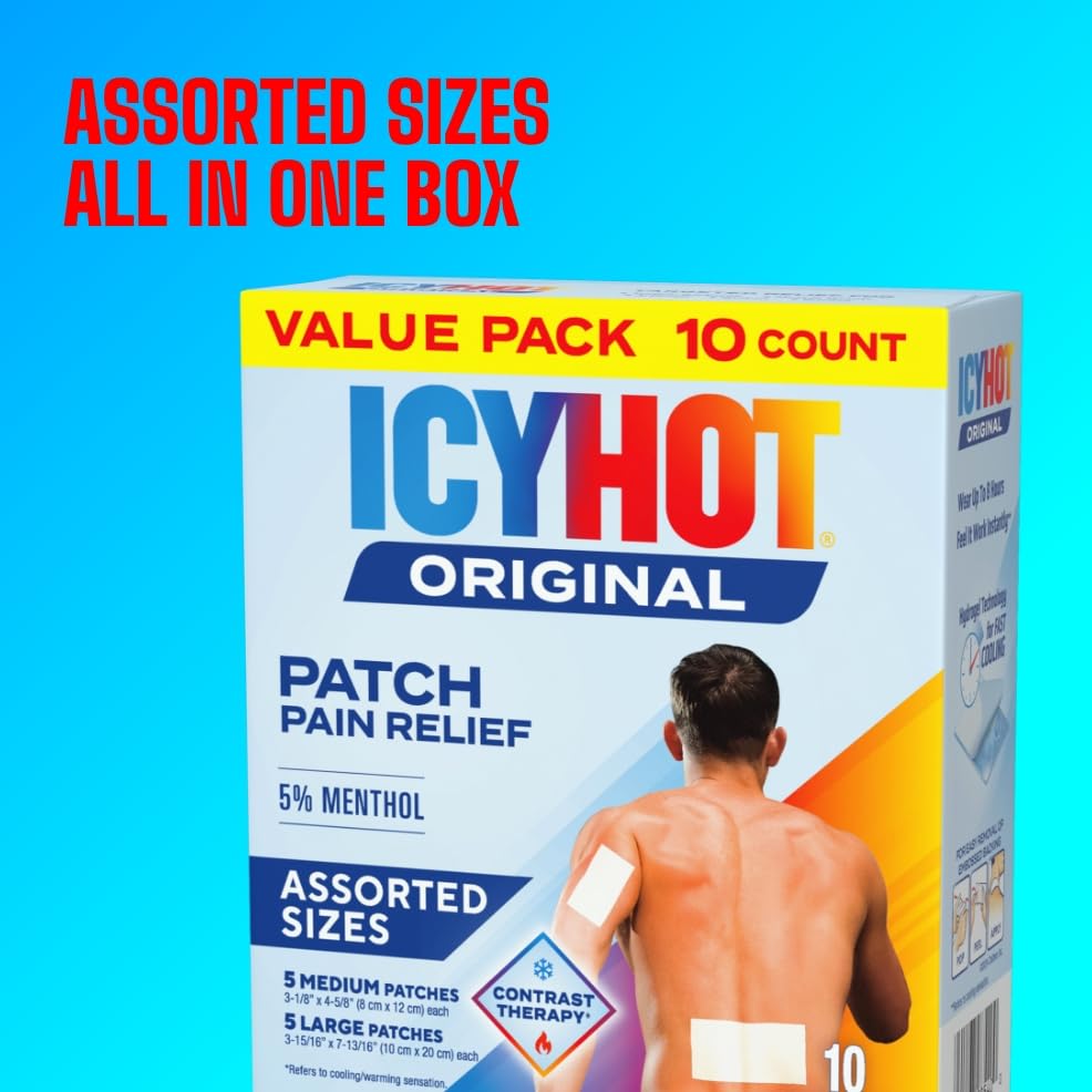 Icy Hot Original Pain Relief Patch Variety Pack with 5% Cooling Menthol for Fast-Acting Muscle and Joint Pain Relief, 5 Medium and 5 Large Comfortable Fabric Patches, 10 Ct., 2 pk Icy Hot Au supplements