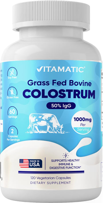 Vitamatic Bovine Colostrum Supplement 1000 mg per Serving - 50% Highest IgG - Supplement for Gut Health, Hair Growth, Beauty, Muscle Recovery, & Immune Support - 120 Capsules Vitamatic Au supplements