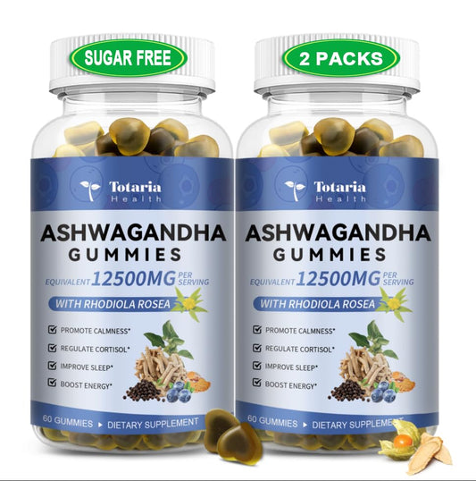 (2 Packs) Sugar Free Ashwagandha Filled Gummies w/Vitamin D3, Magnesium Glycinate, Rhodiola, Ultra Strength Ashwa Root Supplements for Women & Wen, for Relaxation, Energy, Cortisol Gummies TotariaUS supplements