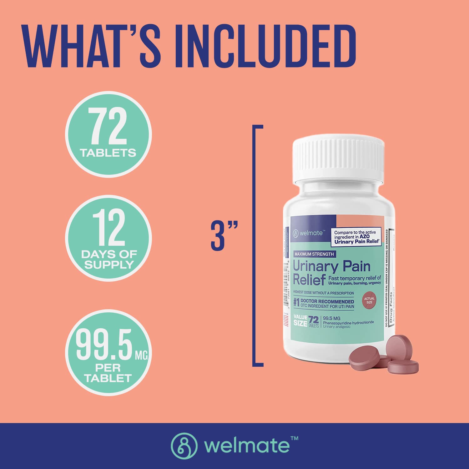 WELMATE Urinary Pain UTI Relief Maximum Strength (Phenazopyridine HCL) - Improve Urinary Tract Health & Bladder Control, Urgency, & Discomfort | Over-The-Counter Medication for Men & Women (72 Pills) WELMATE Au supplements