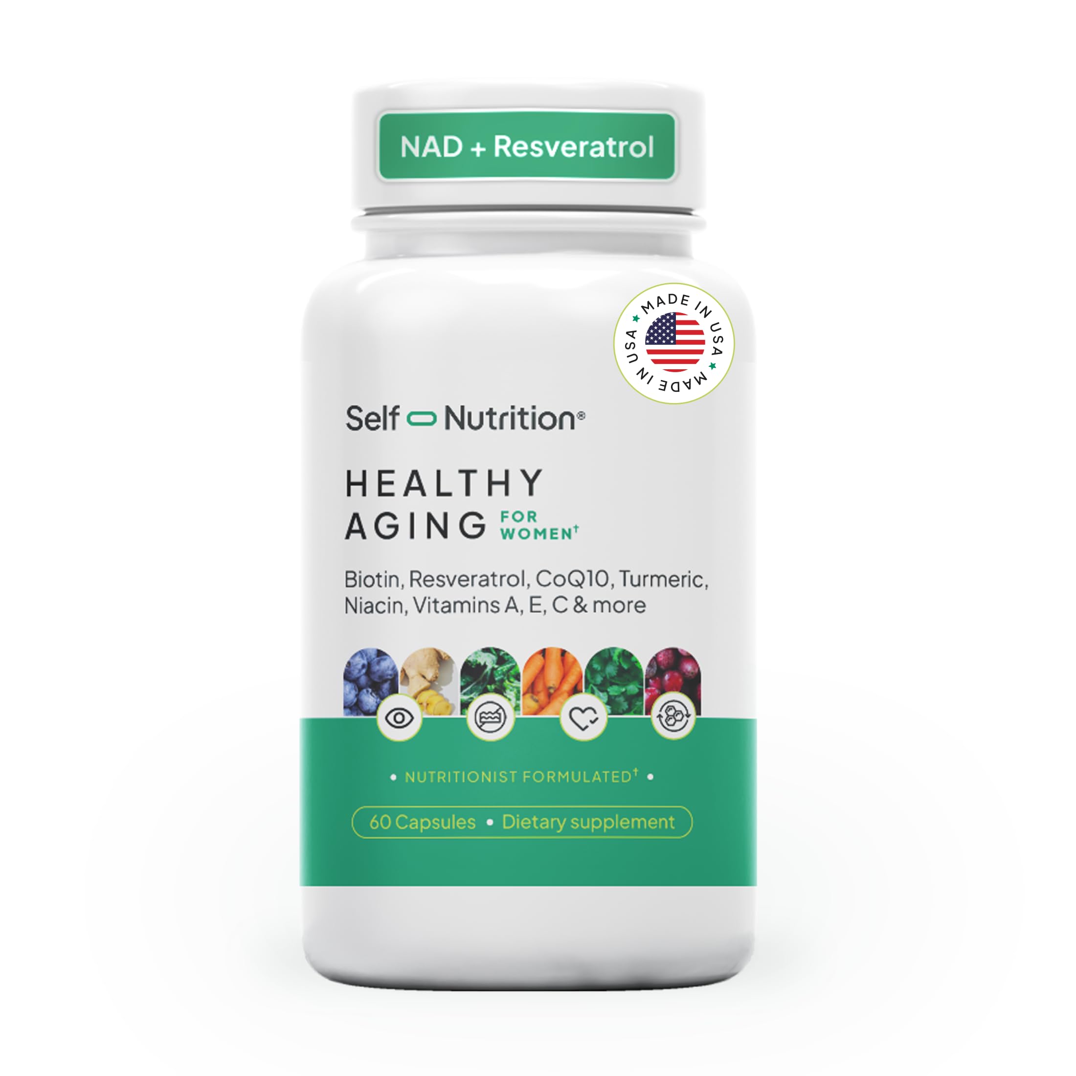 SELF NUTRITION NAD+ Resveratrol Supplement for Women – Healthy Aging Formula with CoQ10, Biotin, Turmeric & Vitamins A, C, E – Supports Energy, Skin & Longevity – 60 Capsules. Made in USA. SELF NUTRITION Au supplements