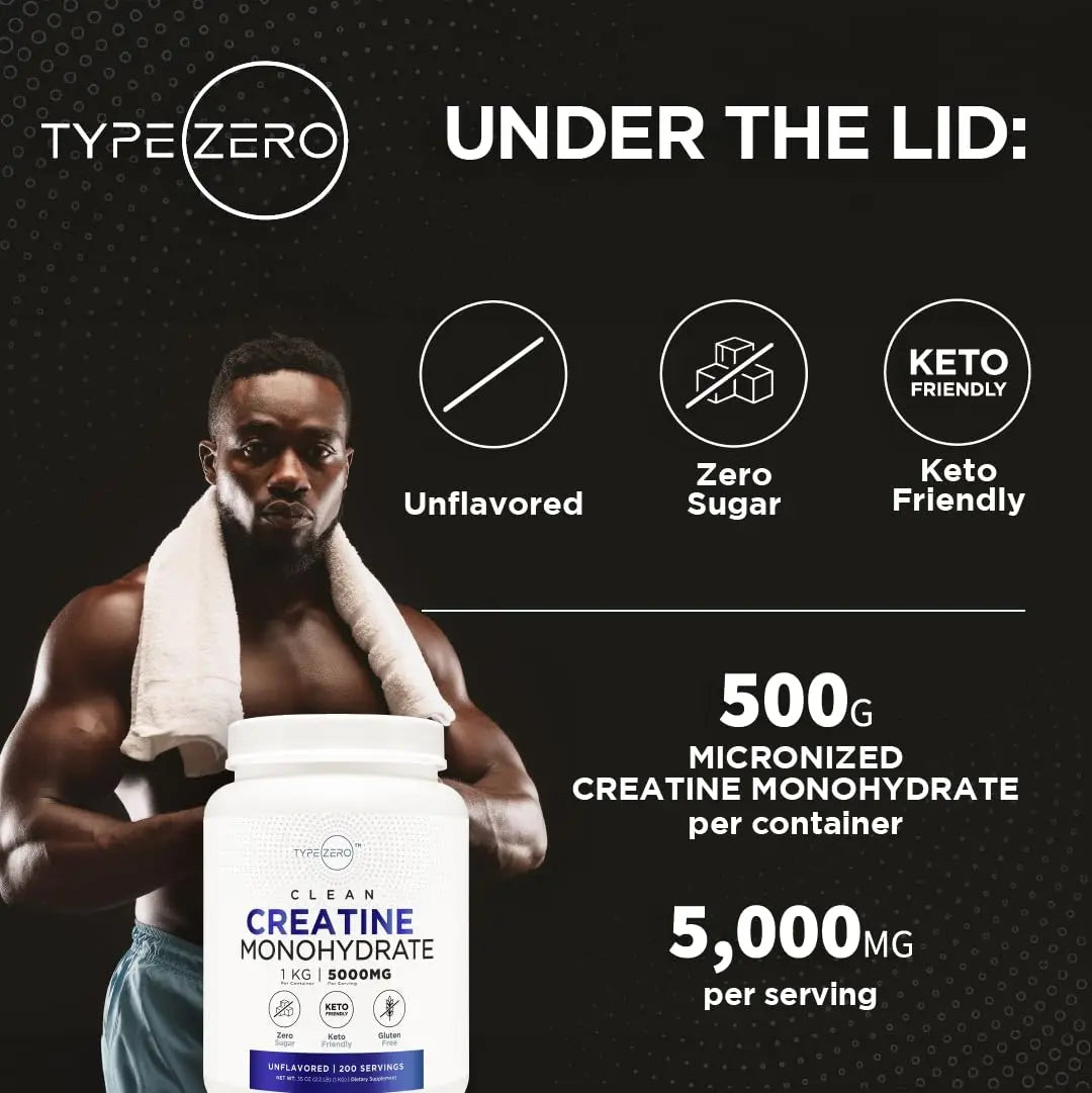 Type Zero Creatine Monohydrate (Unflavored) 1 KG, 5000mg (5g) Per Serving, Micronized, Zero Sugar, Keto Friendly & Gluten Free, 200 Servings Type Zero Au supplements