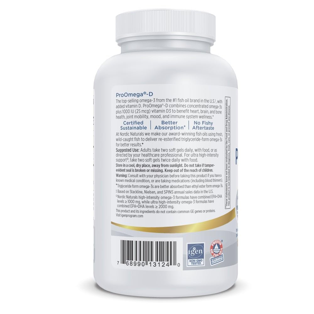 Nordic Naturals ProOmega-D, Lemon Flavor - 120 Soft Gels - 1280 mg Omega-3 + 1000 IU D3 - High-Potency Fish Oil - EPA & DHA - Brain, Eye, Heart, & Immune Health - Non-GMO - 60 Servings Nordic Naturals Au supplements