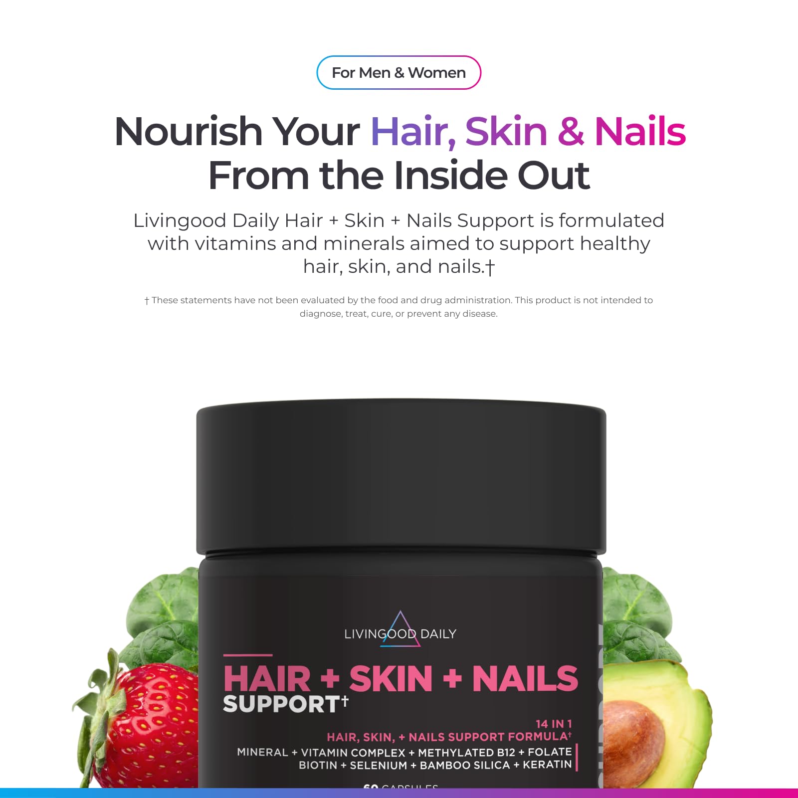 Livingood Daily Hair, Skin & Nails Supplement, 14-in-1 Formula with Biotin, Collagen, Keratin, Bamboo, Selenium, Folate, B12, Zinc and More, Beauty Supplement for Women & Men, Gluten Free, 60 Capsules Livingood Daily Au supplements
