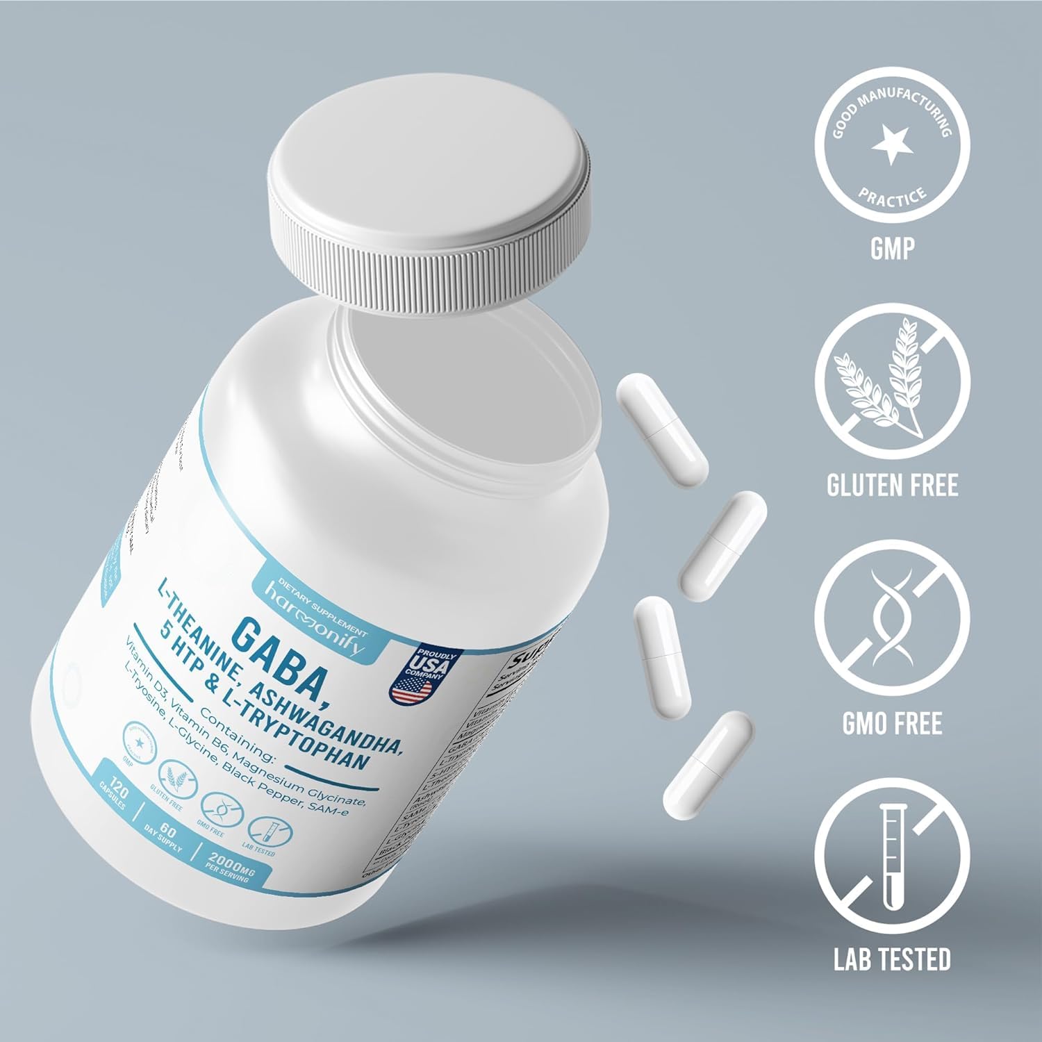 HARMONIFY GABA L-Theanine Supplements with Magnesium Glycinate, Ashwagandha, Same, 5-HTP and L-Tryptophan, 12 in 1 Supplements, 120 Capsules, 2000 mg HARMONIFY Au supplements