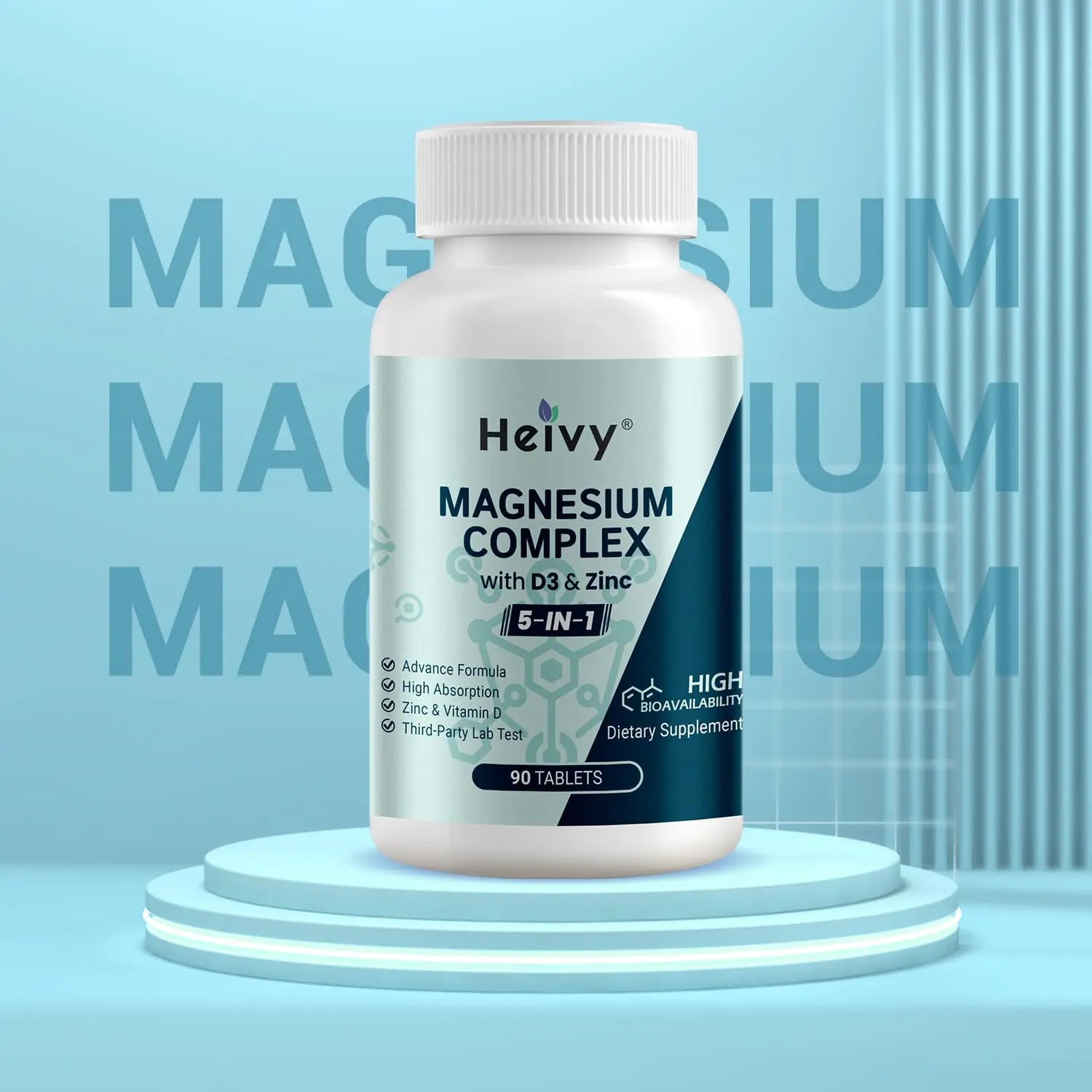 Heivy Magnesium Complex, Magnesium Glycinate, Citrate, Malate, Oxide, Gluconate with Zinc and Vitamin D3, Magnesium Supplement for Muscle, Nerve, Heart, Bone Support, High Absorption, 90 Tablets Heivy Au supplements