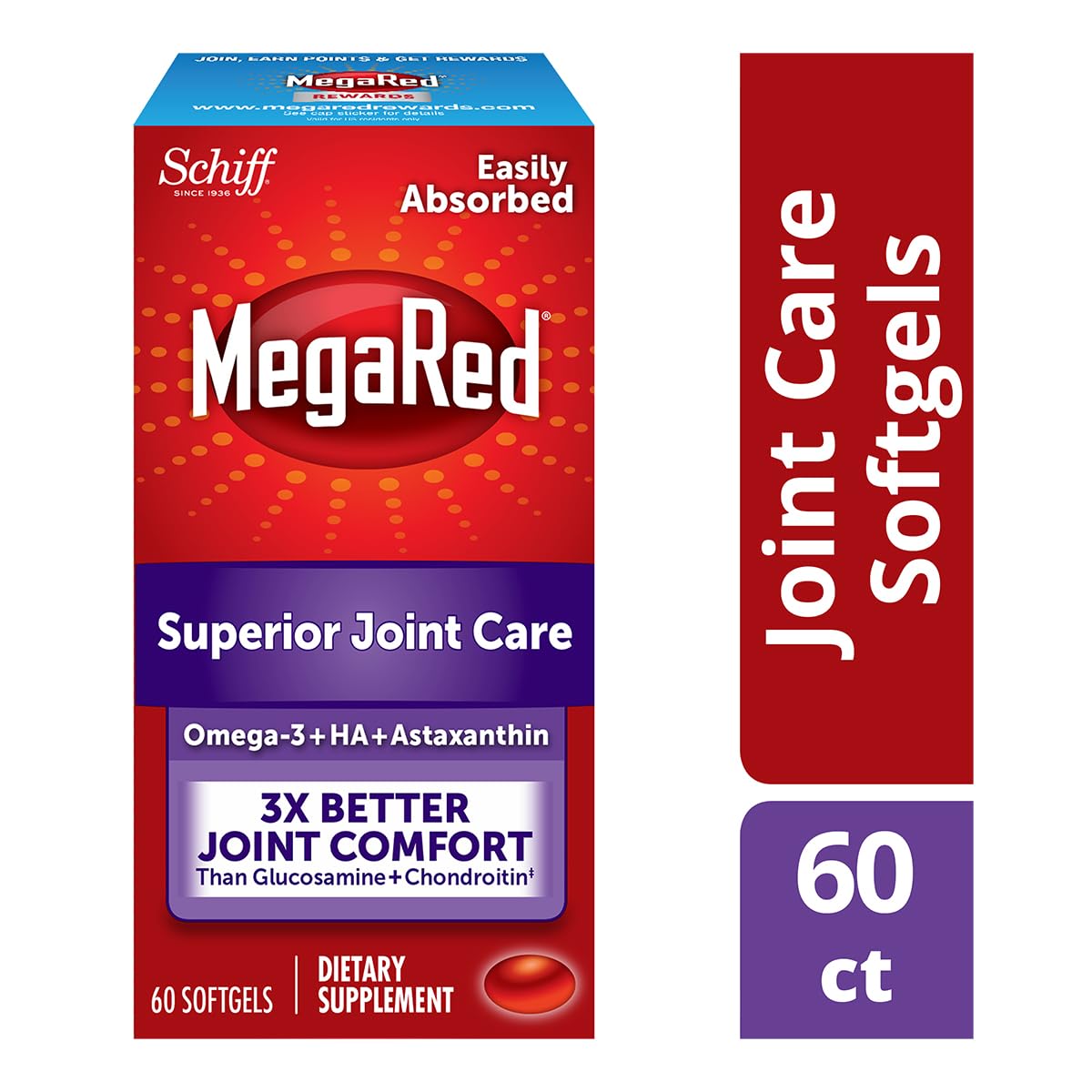Omega-3 Krill Oil and Joint Supplement - Megared Joint Care 60 softgels - EPA/DHA fatty acids, Antioxidants, Hyaluronic acid, No fishy burp aftertaste as with Fish Oil MegaRed Au supplements
