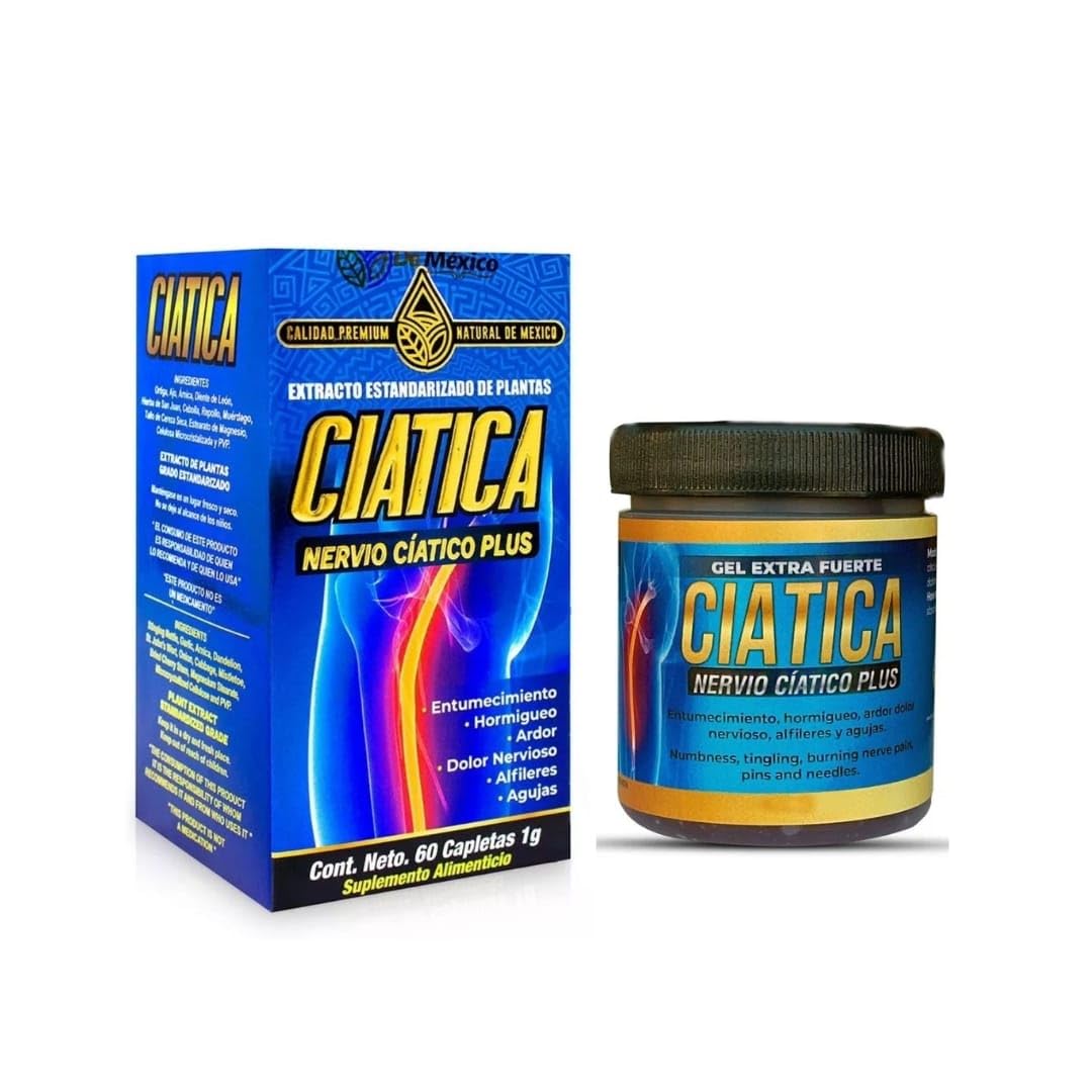 Set con Suplemento Ciatico Tratamiento Nervio Plus 60 Capsulas + Gel Extra Fuerte Ciatica 250 grs. Natural de Mexico/Entumecimiento, Hormigueo, Ardor, Dolor Nervioso, Alfileres o Agujas. (2) Generic Au supplements