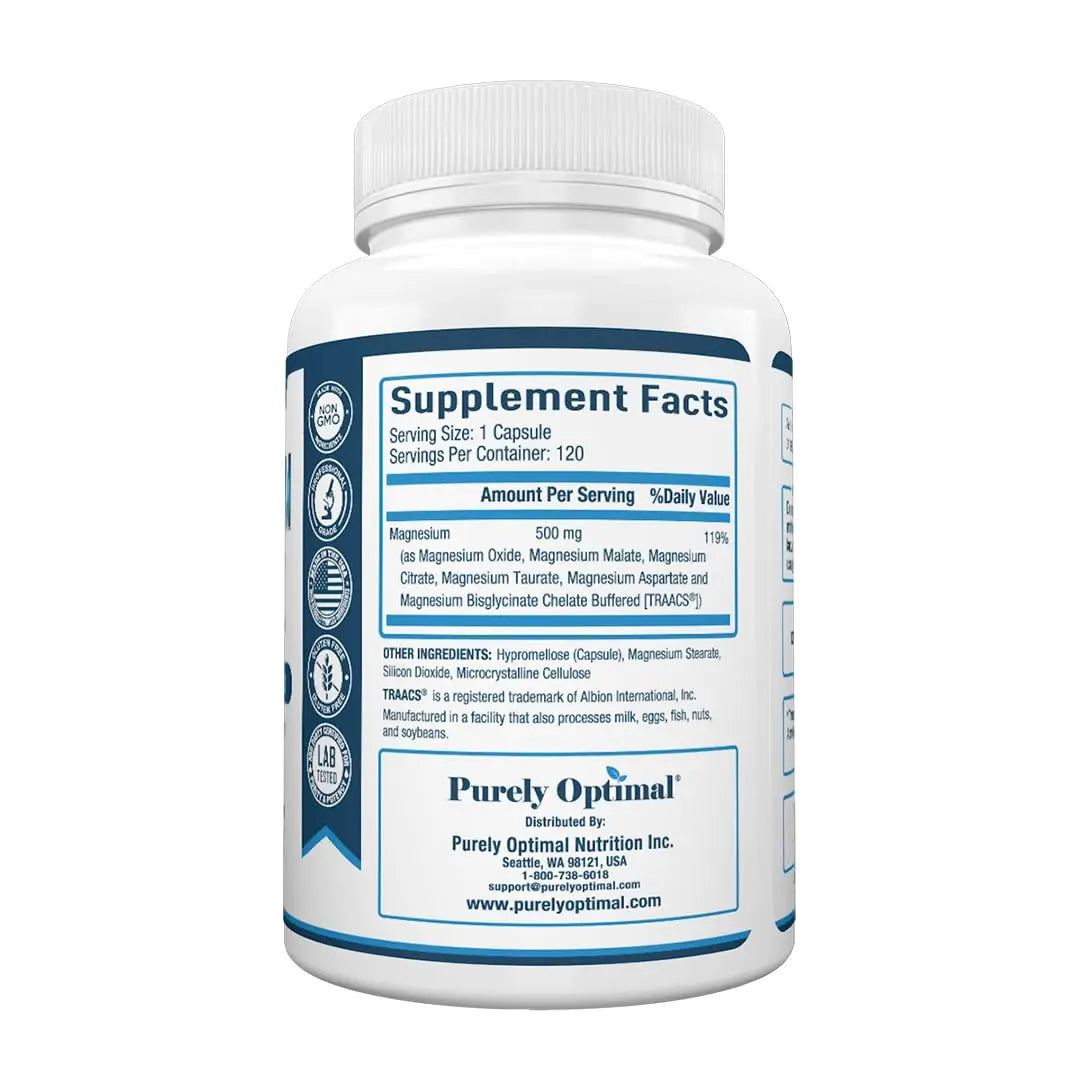 Purely Optimal Magnesium Complex - 6 Forms Magnesium Glycinate, Citrate & Malate - Sleep Support, Stress Relief, Muscles, Heart Health & Relaxation - Magnesium Supplement for Women & Men, 120 Caps Purely Optimal Au supplements