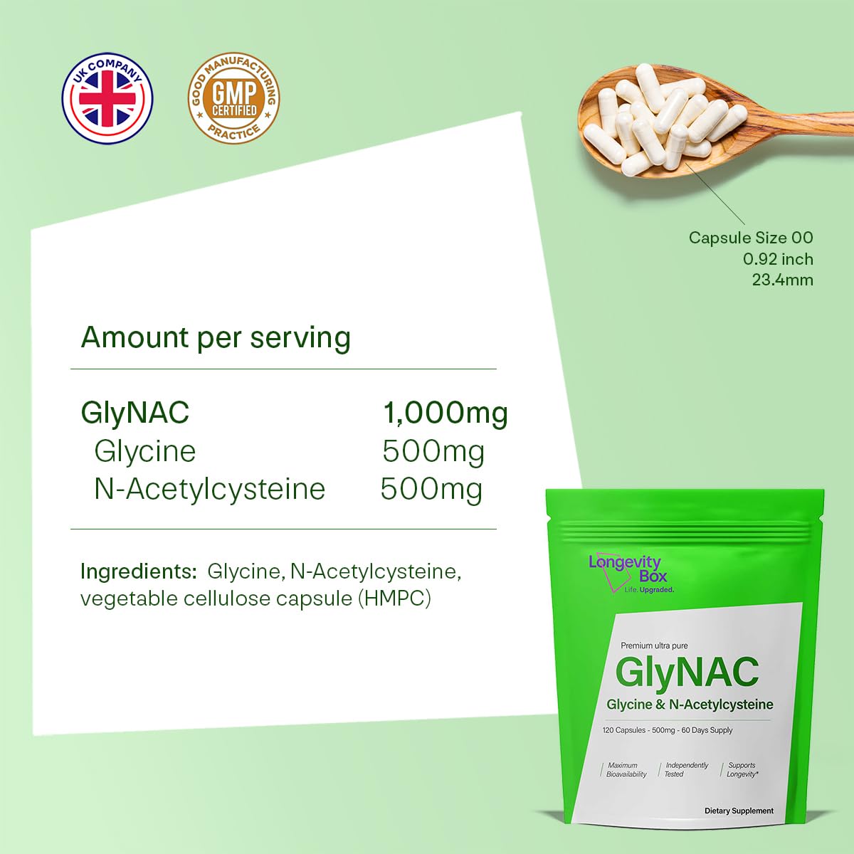 Longevity Box Ultra Pure GlyNAC Supplement 1000mg (500mg Glycine + 500mg N-Acetyl Cysteine) - Glutathione Precursor for Healthy Aging, Energy & Cellular Protection - 120 Vegan Capsules Longevity Box Au supplements