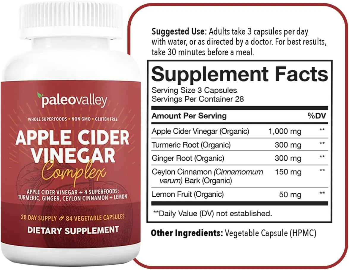Paleovalley Apple Cider Vinegar Complex with Superfoods - Turmeric, Ginger, Ceylon Cinnamon and Lemon - 84 Vegetable Capsules Paleovalley Au supplements