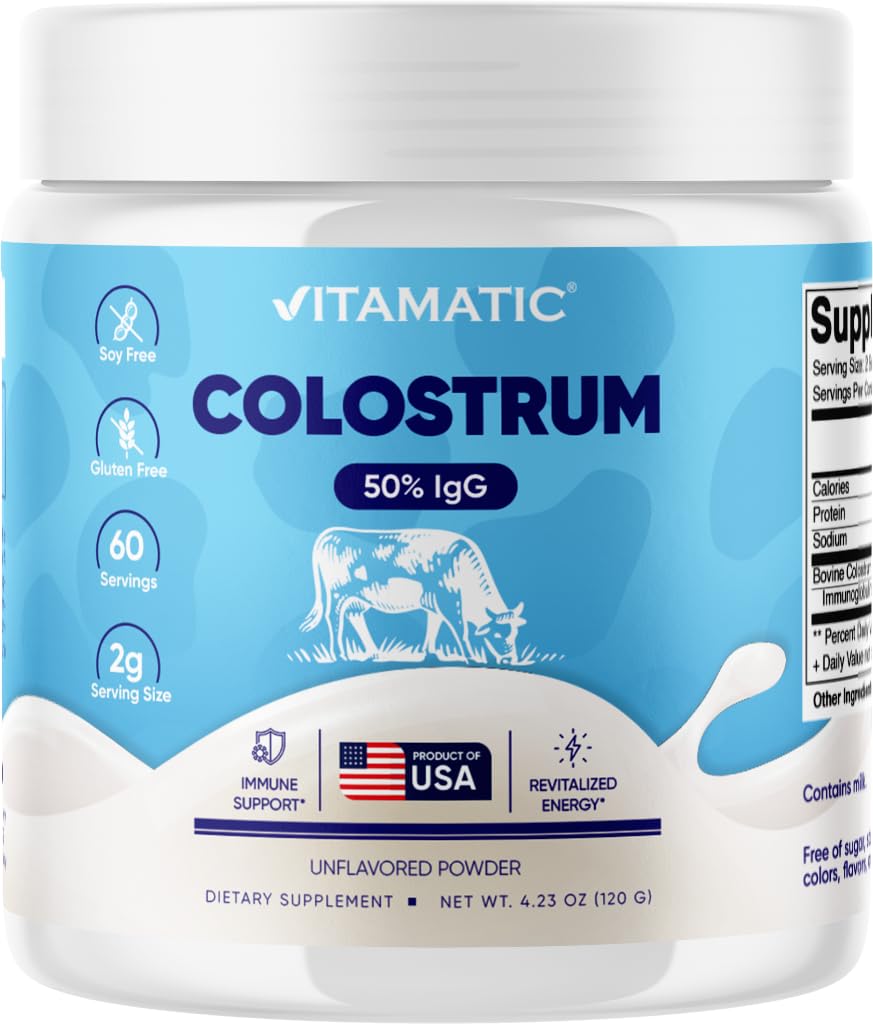 Vitamatic Bovine Colostrum Powder - 50% Highest IgG -120 Gram - Supplement for Gut Health, Hair Growth, Beauty, Muscle Recovery, & Immune Support - Easy to Mix - Unflavored - 60 Servings Vitamatic Au supplements