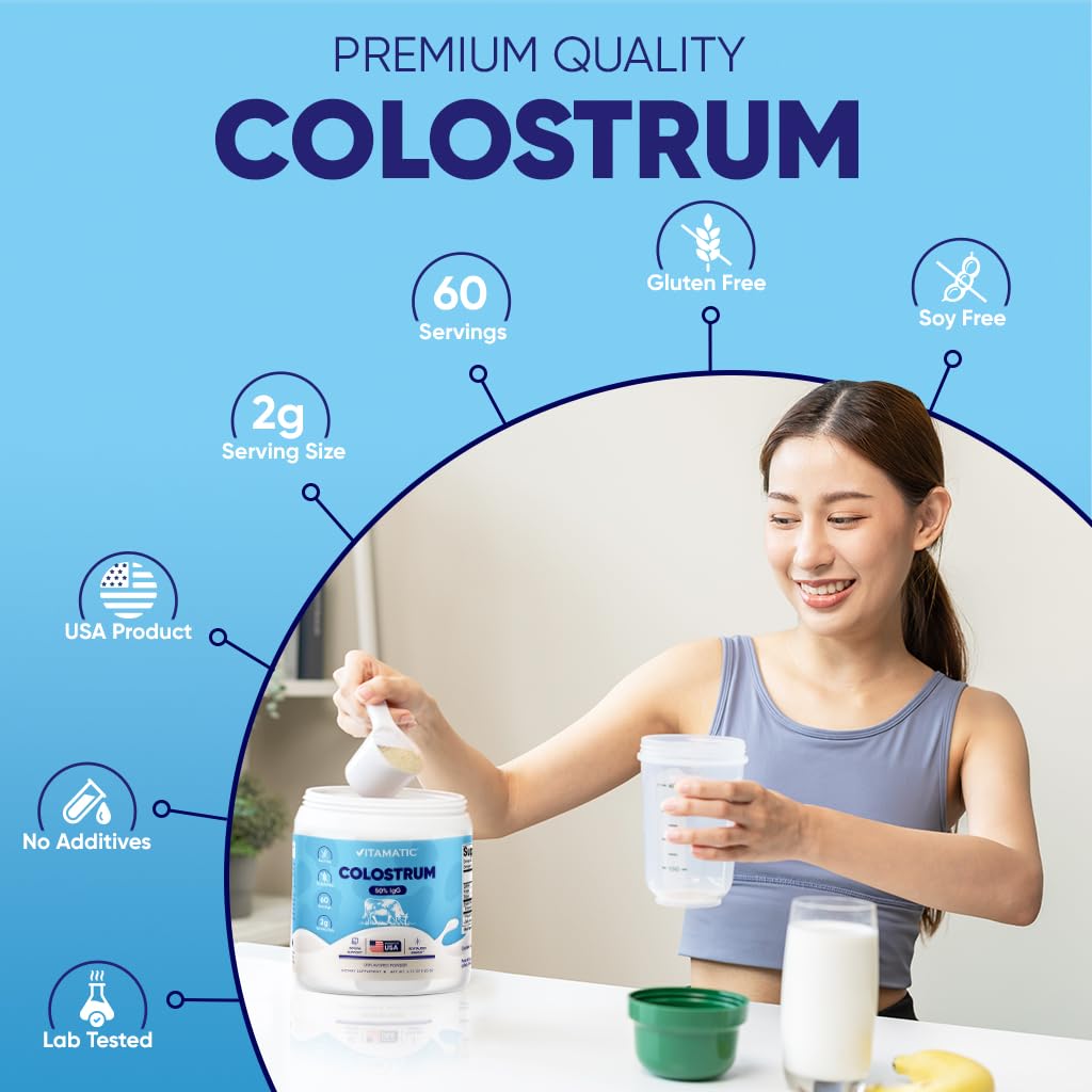 Vitamatic Bovine Colostrum Powder - 50% Highest IgG -120 Gram - Supplement for Gut Health, Hair Growth, Beauty, Muscle Recovery, & Immune Support - Easy to Mix - Unflavored - 60 Servings Vitamatic Au supplements