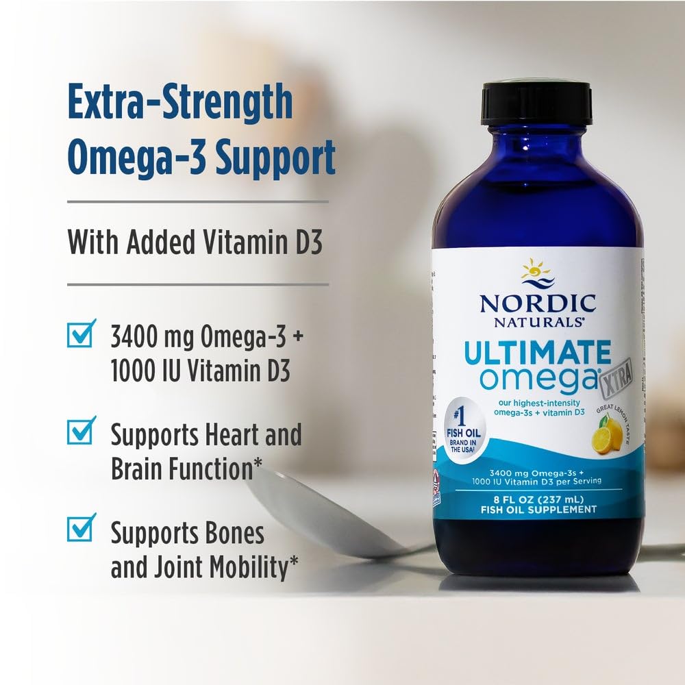 Nordic Naturals Ultimate Omega Xtra Liquid, Lemon Flavor - 8 oz - 3400 mg Omega-3 + 1000 IU Vitamin D3 - EPA & DHA - Brain, Heart, Joint, & Immune Health - Non-GMO - 48 Servings Nordic Naturals Au supplements