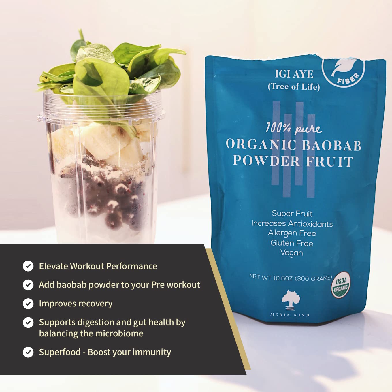 MERIN KIND Organic Baobab Powder - Prebiotic Fiber Supplement MERIN KIND Au supplements