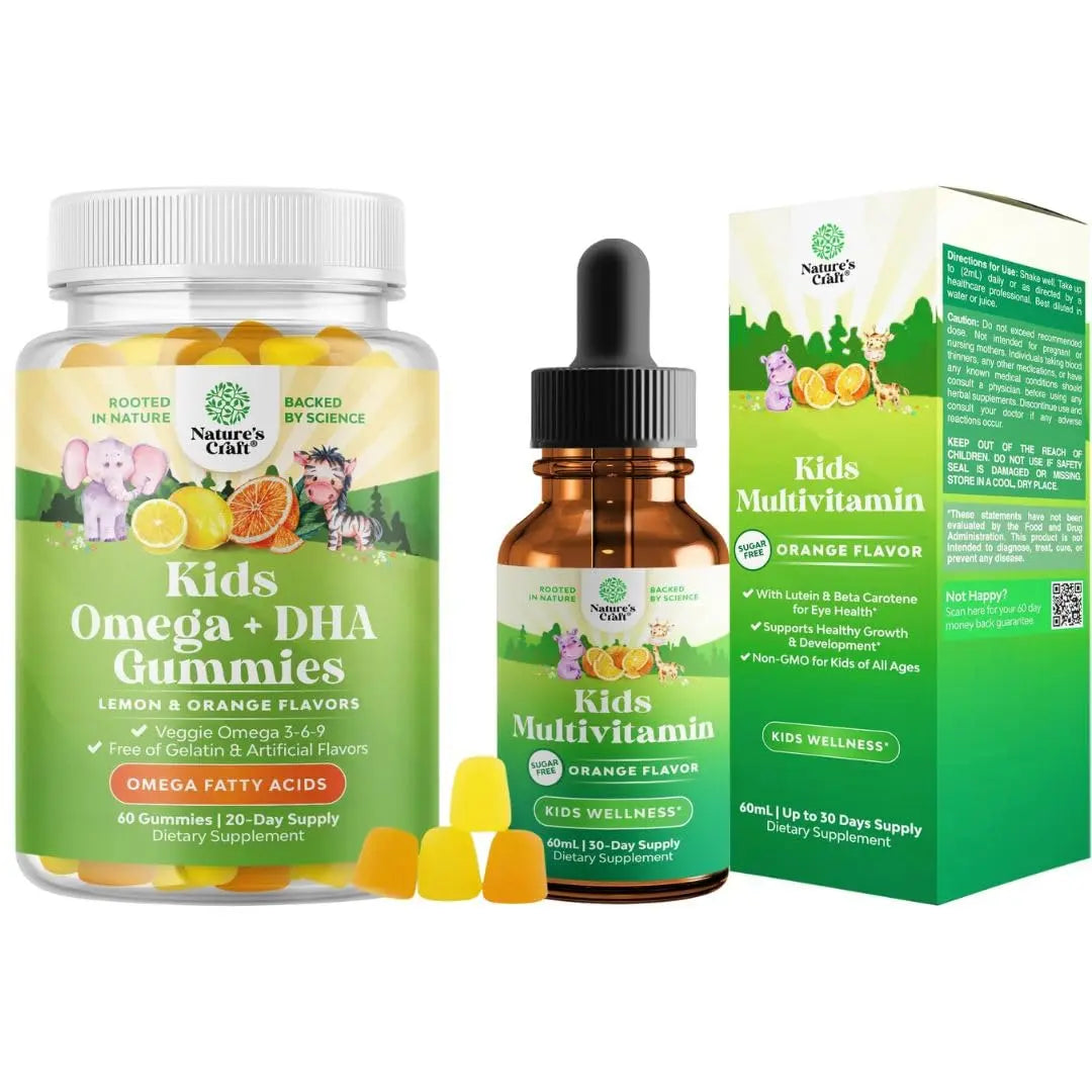 Bundle of Kids DHA Omega 3 Gummies - Fatty Acids Omega 3 6 9 for Brain Immune Strength Vision Focus Support and Liquid Multivitamin for Kids Immunity Support Natures Craft Au supplements