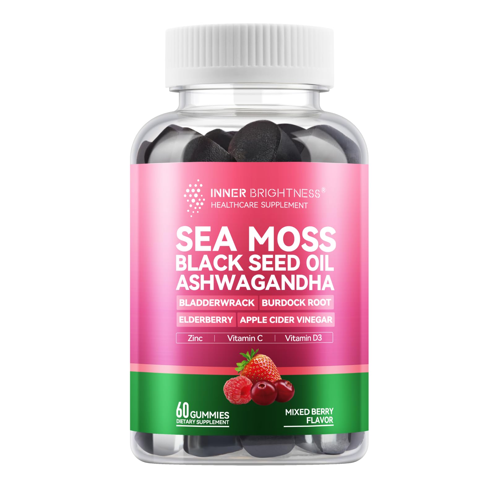 Inner Brightness Sea Moss 4000mg Gummies with Ashwagandha, Elderberry, Apple Cider Vinegar, Bladderwrack, Burdock Root – Immune Support – Mixed Berry Flavor – 60 Count Inner Brightness Au supplements