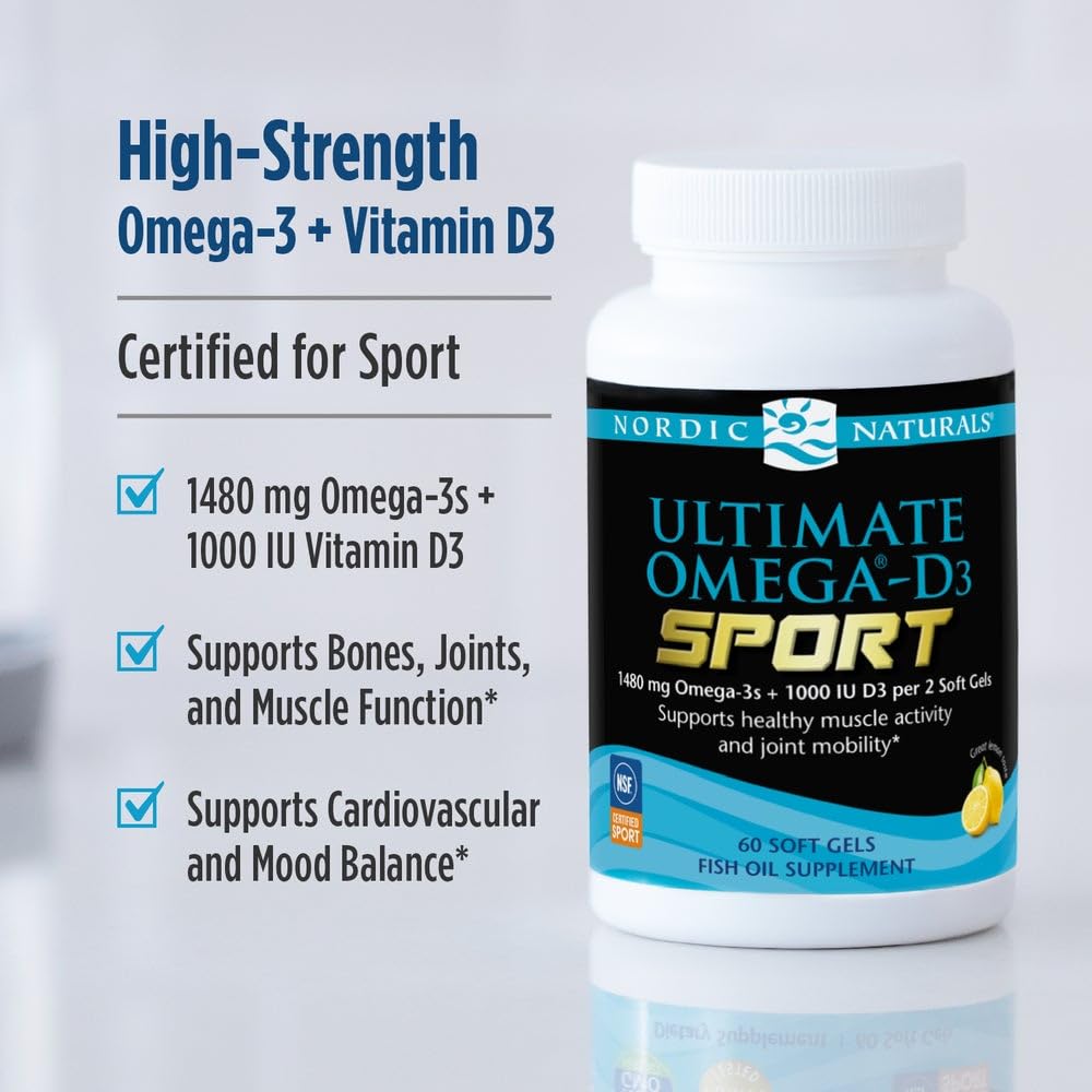 Nordic Naturals Ultimate Omega-D3 Sport, Lemon - 60 Soft Gels - 1480 mg Omega-3 + 1000 IU Vitamin D3 - NSF Certified - Supports Muscle, Bones, Focus & Endurance - 30 Servings Nordic Naturals Au supplements
