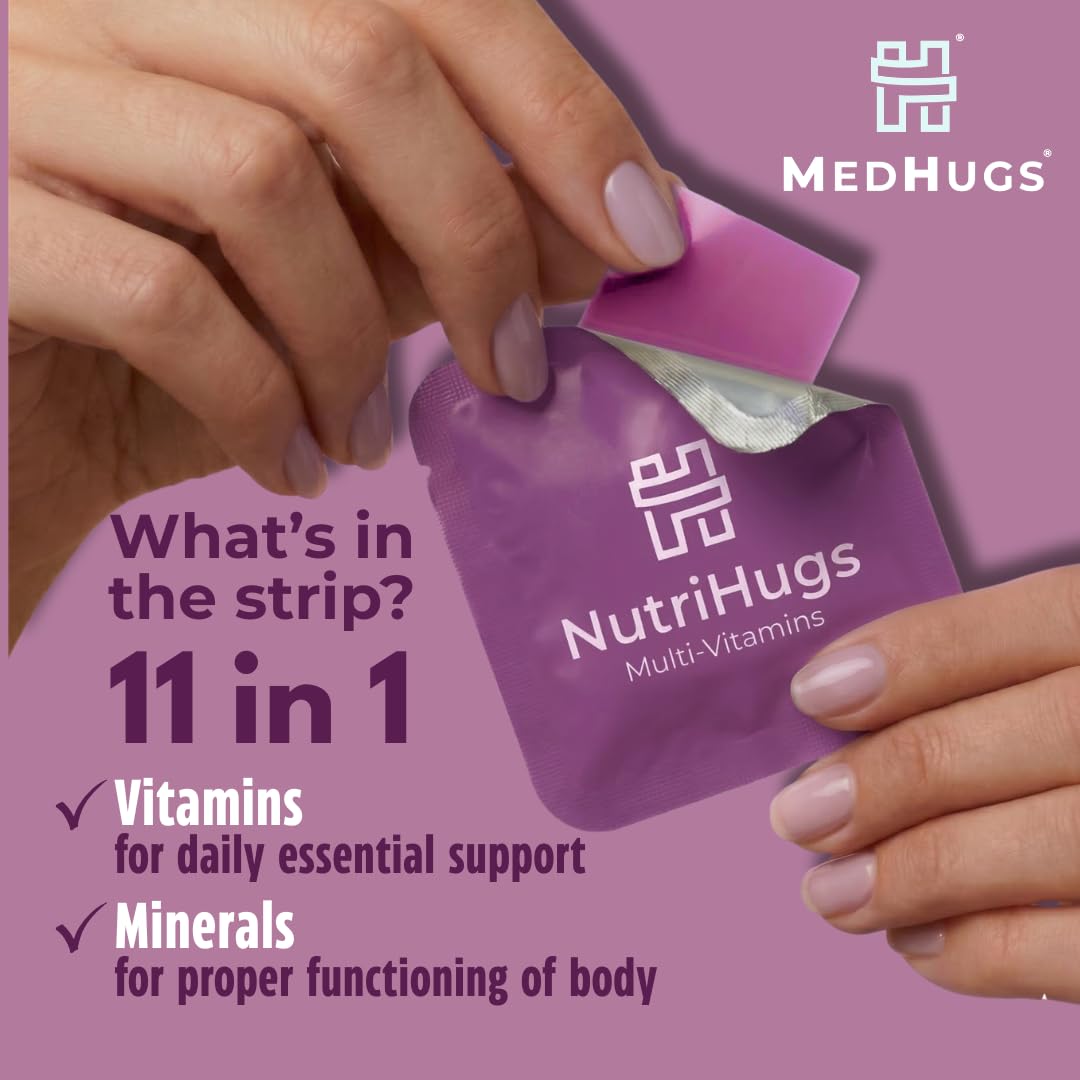 NutriHugs Daily Multivitamin Dissolving Strips - Vitamins A, B-Complex, C, D3 and K2 - 11 Essential Vitamins & Minerals - Vegan, Sugar-Free, Fast-Absorbing Oral Thin Film - Doctor-Founded - 30 Count MedHugs Au supplements