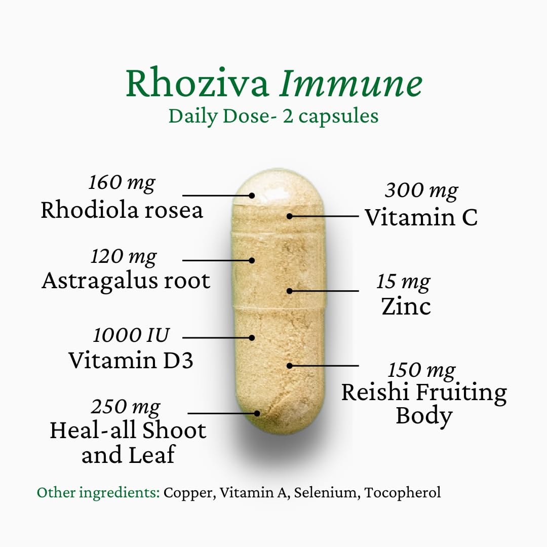 Immune Support, Energy Booster with Vitamin C, D3 and Zinc Supplement, Rhodiola Rosea, Reishi Mushroom Extract, Astragalus, Overall Wellness and Daily Habit - 60 Capsules Rhoziva Au supplements