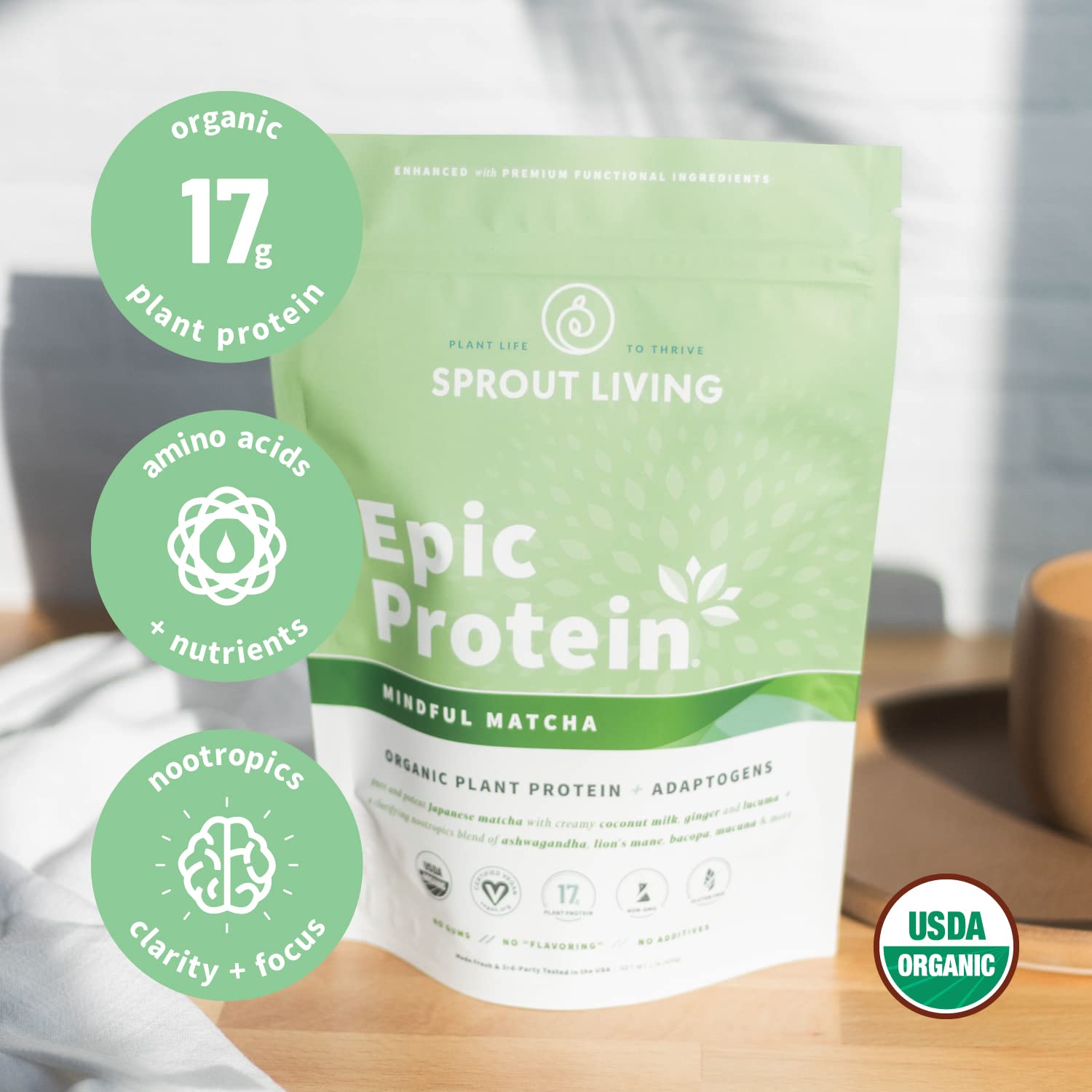 Sprout Living Epic Protein, Plant Based Protein & Superfoods Powder, Mindful Matcha Sprout Living Au supplements